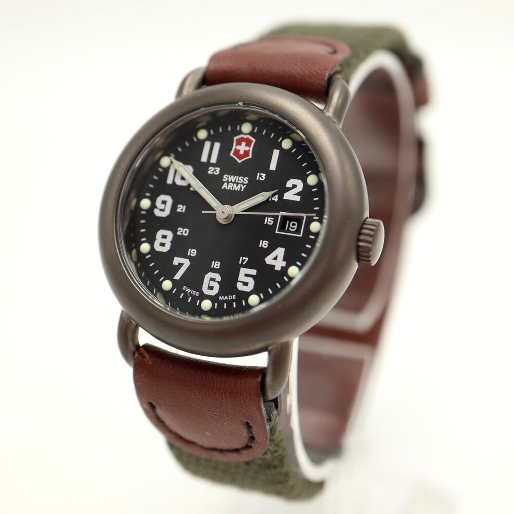 Swiss Army Black Tone 32mm Date Watch Green Canvas Leather Strap w New Battery